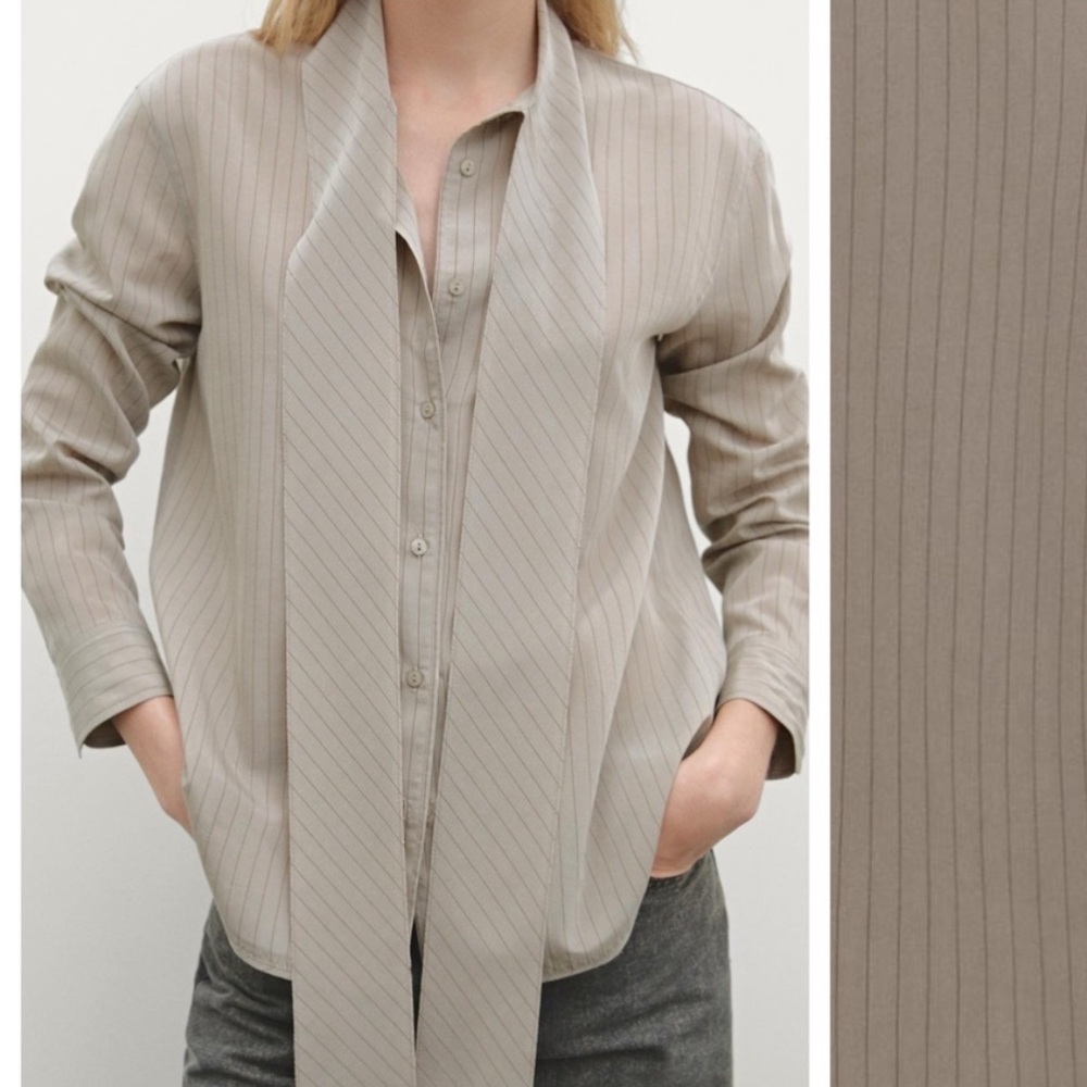 Massimo Durti Beige Pinstripe Button-Up Blouse with Tie